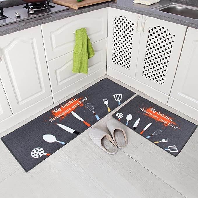 Carvapet 2 Piece Non-Slip Kitchen Mat Rubber Backing Doormat Runner Rug Set, Kitchenware Design (Grey 15"x47" 15"x23")