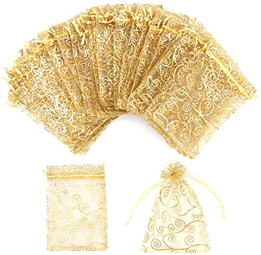 Organza Gift Bags 100Pcs Gold Sheer Organza Bag 4x6 Inch Mesh Favor Bags Drawstring Jewelry Rattan Printed Gift Pouches for Wedding Party Favors Baby Shower Christmas Gifts Candy Bags