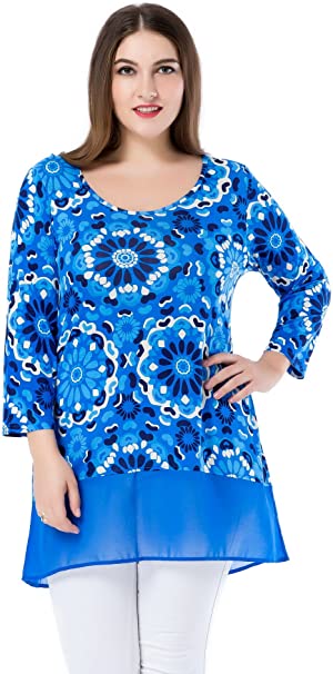 Chicwe Women's Plus Size Floral Printed Tunic Top with Chiffon Hem - Casual and Work Top