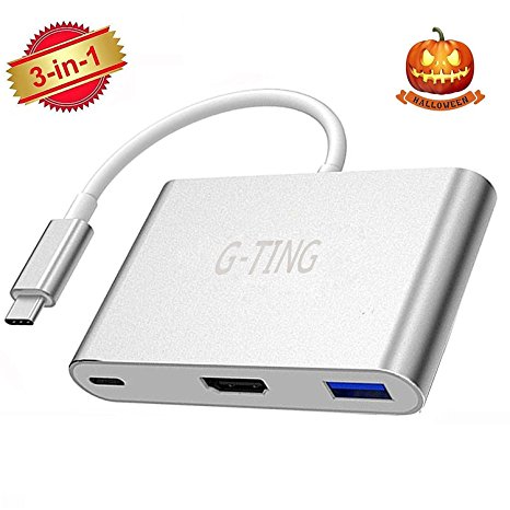 G-TING Type C to HDMI HUB USB 3.0 Adapter Converter Charger, 3 in 1 Data Multiport Devices with 4K Video Transmission for iPhone New Macbook ,Google Chromebook Pixel (Silver)