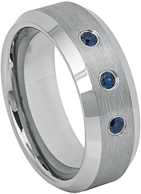 Double Accent 8MM Comfort Fit Tungsten Carbide Wedding Band Beveled Edge 0.21ct Blue Sapphire Brushed Ring (8 to 12)