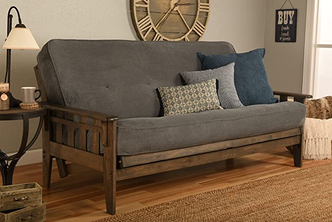 Tucson Rustic Walnut Frame and Mattress Set with Choice to add Drawers, 8 Inch Innerspring Futon Sofa Bed Full Size Wood (Marmont Thunder Matt and Frame (No Drawers))