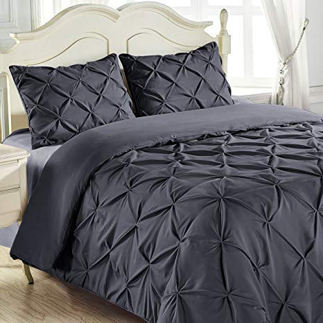 King & Queen Home Reinforced Double Stitch 3 Piece Pinch Pleat Comforter Set (Queen, Grey)