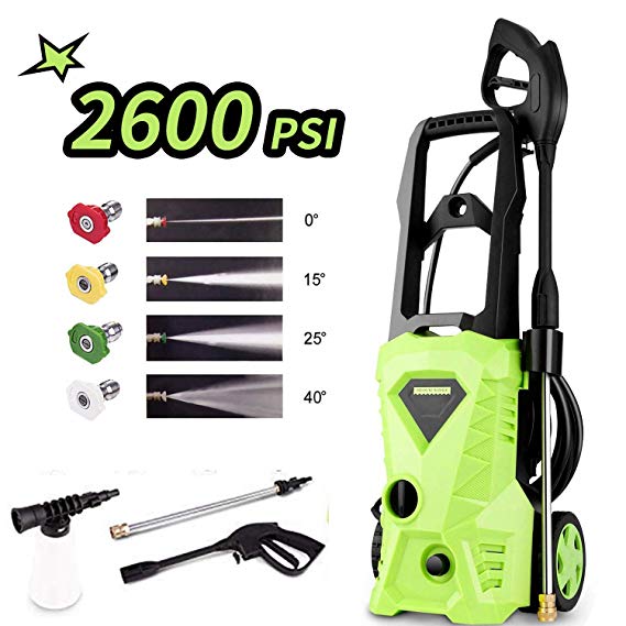 Homdox Pressure Washer, Power Washer with 2600 PSI,1.6GPM, (4) Nozzle Adapter, Longer Cables and Hoses and Detergent Tank,for Cleaning Cars, Houses Driveways, Patios (Green)