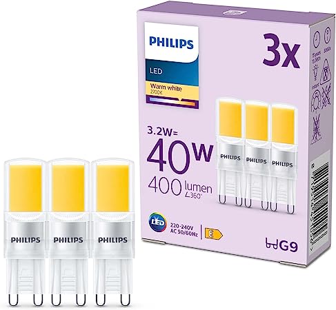 PHILIPS LED Classic G9 Capsule Light Bulb 3 Pack [Warm White 2700K - G9] 40W, Non Dimmable. for Home Indoor Lighting