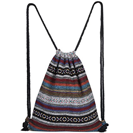 Unisex Canvas Drawstring Bag Ethnic Knit Bohemia Backpack Shopping Sack Bags