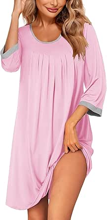 Ekouaer Women's Pleated Nightgown Soft Sleep Shirt 3/4 Sleeve Pajama Dress Scoopneck Sleep Tee Nightshirt Sleepwear S-3XL