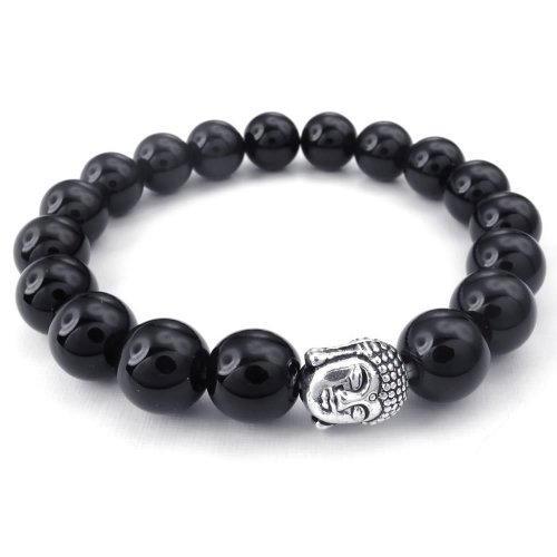 KONOV Black Agate Mens Womens Bracelet, Energy Bead, Buddha Mala, Black Silver