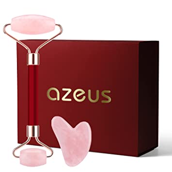 AZEUS Jade Roller & Gua Sha Tools Set - 100% Real Natural Jade Roller for Face, Neck, Eye, Anti Aging Rose Quartz Jade Facial Roller Massager for Firming & Slimming (Red Gift Wrapping)