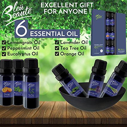 100% Pure - Excellent Gift set of Essential Oils (Pack of 6) for daily and travel use. Therapeutic Grade of 10 ml - Lavender, Tea Tree, Eucalyptus, Peppermint, Lemongrass, Sweet Orange