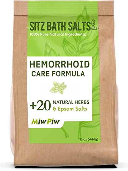 Miw Piw Sitz Bath Salts for Hemorrhoids 16 Oz- Soothing Relieving Bleeding Shrinking Internal External Treatment  20 Natural Herbs, Epsom Salt - Suppositories Remedy Postpartum Fissure