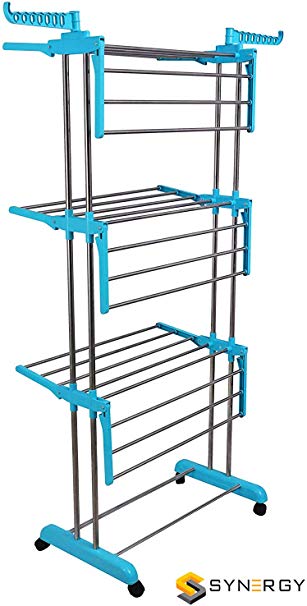 SYNERGY - Heavy Duty Rust Free Stainless Steel Foldable Compact Storage Double Pole Cloth Drying Stand/Clothes Dryer Stands/Laundry Racks with Wheels for Indoor/Outdoor/Balcony (Blue)