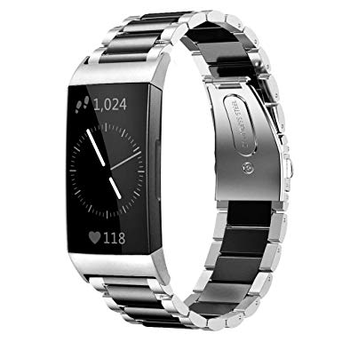 Shangpule Compatible for Fitbit Charge 3 & Charge3 SE Bands, Stainless Steel Metal Replacement Strap Bracelet Wrist Band Accessories for Charge 3 Smart Watch Women Man Large Small (Silver   Black)