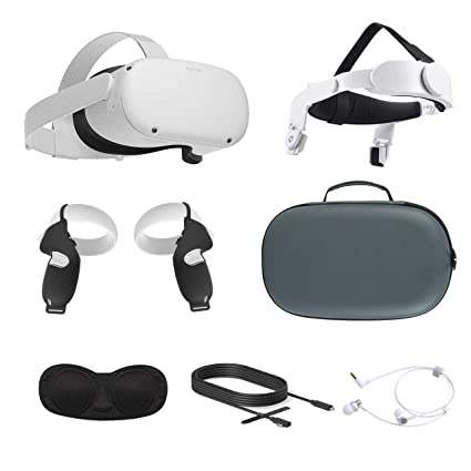 2021 Oculus Quest 2 All-In-One VR Headset, Touch Controllers, 256GB SSD, Glasses Compatible, 3D Audio, Mytrix Head Strap, Carrying Case, Earphone, Oculus Link Cable (3M), Grip Cover, Lens Cover