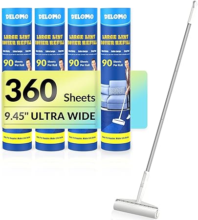 DELOMO Large Lint Roller - 9.45 in Giant Lint Roller Refill 360 Sheets Total, 45 in Telescopic Pole to Clean Without Bending Down, Sticky Rollers for Floor Cleaning Carpets, Cars, Clothing, Pet Hair