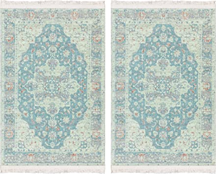 Machine Washable Wrinkle Free Oriental Design Cotton 2x3 Pack of 2 Traditional Flatweave Area Rug for Entryway, Living Room, Bedroom, Kitchen, Bathroom, 2' x 3' - Pack of 2, Blue