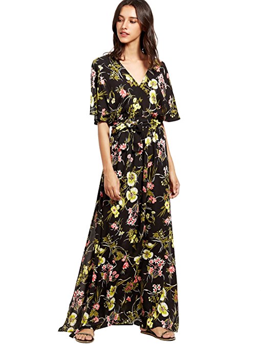 Milumia Women's Boho Split Tie-Waist Vintage Print Maxi Dress