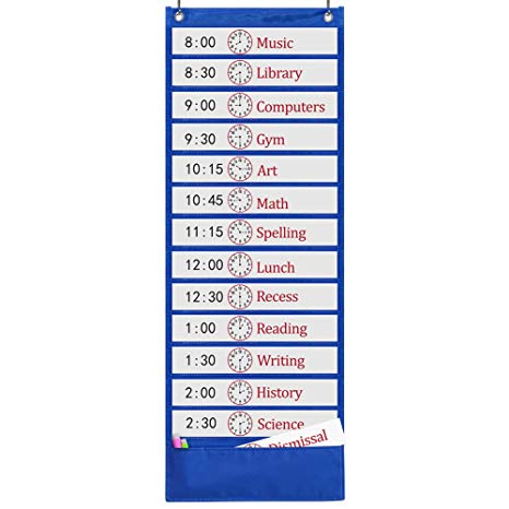 Godery Scheduling Pocket Chart, 13 1 Pocket, Daily Class Schedule Pocket Chart with 18 Dry-Eraser Cards, Ideal for Classroom Office School Home Used, Over-Door Mount (Blue)
