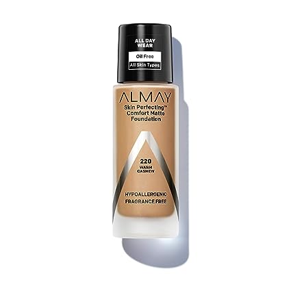 Almay Skin Perfecting Comfort Matte Foundation, Hypoallergenic, Cruelty Free, -Fragrance-Free, Dermatologist Tested Liquid Makeup, Warm Cashew, 1 Fluid Ounce