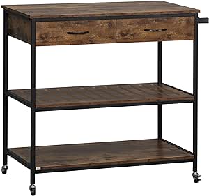 HOMCOM Industrial Kitchen Island with Storage, Kitchen Cart with Drawers, Storage Shelves, Towel Rack, Metal Frame for Dining Room, Living Room,Rustic Brown