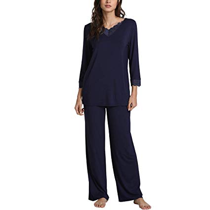 WiWi Bamboo Long Sleeve Moisture Wicking Sleepwear for Women Laced V Neck Pajamas Pants Set S-XXXXL(4XL)