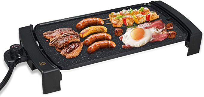 Electric Griddle Non-Stick, Smokeless Portable Pancake Griddle w/Drip Tray & Cool-touch Handles & Temperature Control, Indoor/Outdoor, 10"x21" Family-Sized (Black, Non-stick coating)