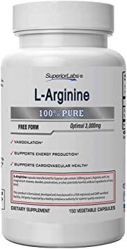Superior Labs – Pure L-Arginine – Free Form – Optimal 3,000mg Dosage – 150 Vegetable Capsules – Supports Vasodilation, Energy Production and Cardiovascular Health