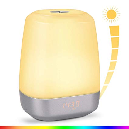 Alarm Clock Digital - Wake Up Light LED Bedside Lights Touch Control & Sunrise Simulator with Brightness Automatic Adjustment - Night Lamp with Eyes Protection - Simulator Mode 5 Nature Sounds ＆ 256 Colors Light Modes - 3600 mAh Battery Operated and 120h Stand-by - Updated 2018 Version