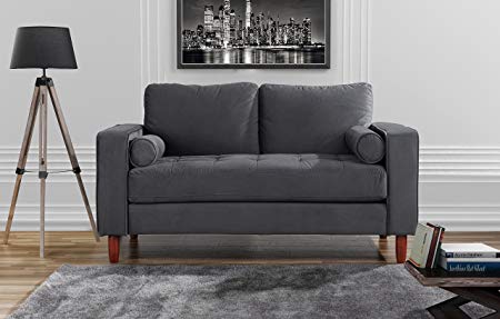 Couch for Living Room, Tufted Velvet Fabric Sofa with Back Cushions, Tufted Bottom and 2 Extra Cushions (Grey)