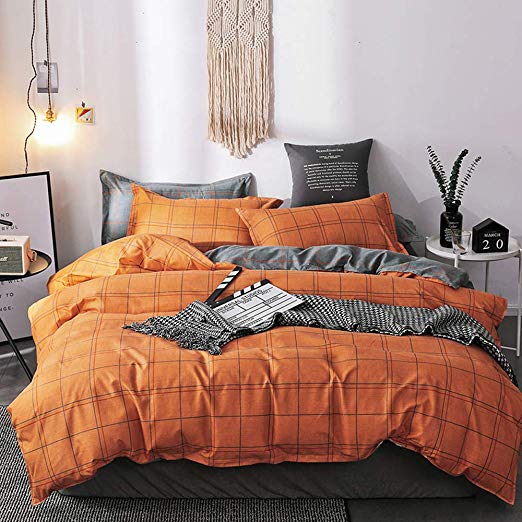 Nattey Simple Duvet Cover Set with Zipper Bedding Set (King, Orange Grid)
