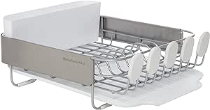 KitchenAid Compact Satin Wire Rust Resistant, Expandable Dish Rack with Angled Self Draining Drainboard with Removable Flatware Caddy, 23.18-Inch, Gray