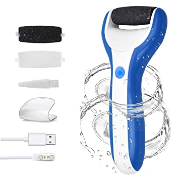Waterproof Electric Foot Scrubber Pedicure Foot File Callus Remover Hard Skin Remover for Feet Heels and Dead Skin with 3 Roller Heads (Blue)