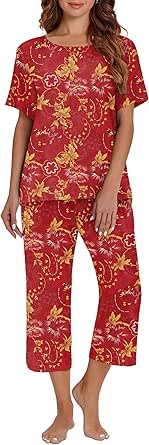 Ekouaer Women's Capri Pajama Sets Short Sleeve Shirt and Capri Pants with Pockets Sleepwear Pjs Sets