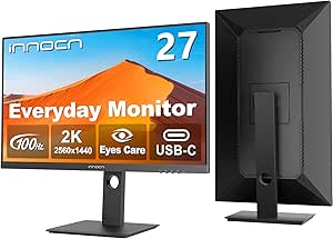 INNOCN 27" Monitor QHD 2560 x 1440P IPS 65W USB-C PC Computer Desktop 100Hz Gaming Display Built-in Speaker, Eyes Care, Height/Pivot Adjustable, HDMI, DP, VESA Mountable - Black, 27D1Q