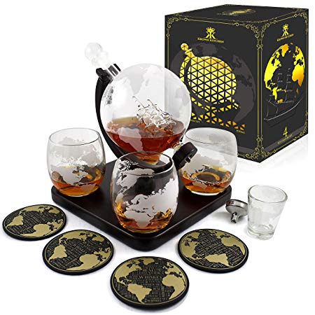 Krown Kitchen - Globe Decanter Gift Set. Includes Wood Base, 4 Glasses, 4 Coasters, Shot Glass, and Funnel. This Whiskey Decanter and Glass Set is The Perfect Gift.