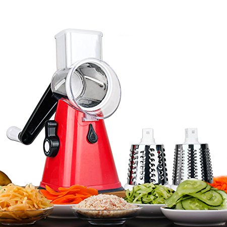 Qooltek Mandoline Chopper Slicer Manual Vegetable Fruit Cutter Hand Speedy Rotary Cheese Drum Grater with 3 Interchangeable Stainless Steel Blades – Slice, Julienne, Grinder