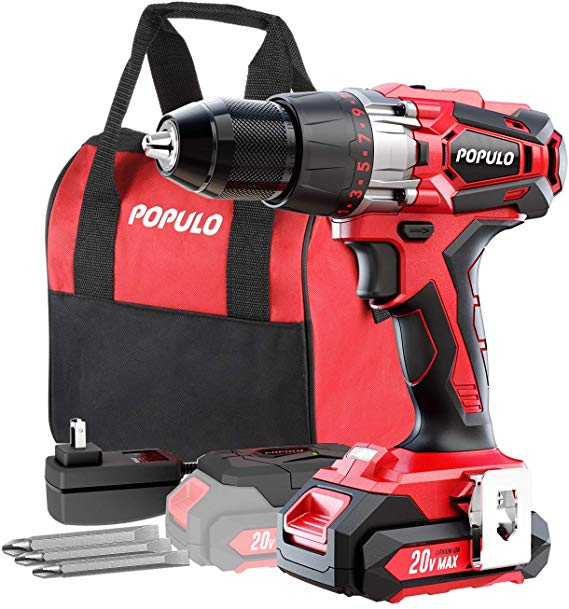 20volt Max Lithium-Ion 1/2 Inch Power Drill Driver Kit. Max Torque 450 in-Ibs, 2 - Speed, LED Work Light.Cordless Drill, 20V Max Battery, Accessories and Carrying Bag Included