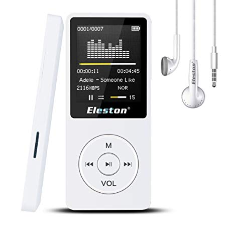 Eleston 8GB Portable MP3 Player (Expandable Up to 64GB) with 1.8inch Screen, Lossless HiFi Sound, Support Clock/Recorder/FM Radio/E-Book,70 Hours Playback with HD Earphone (White)