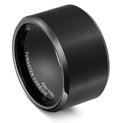 King Will BASIC Men Wedding Black Tungsten Ring 15mm Matte Finish Beveled Polished Edge Comfort Fit