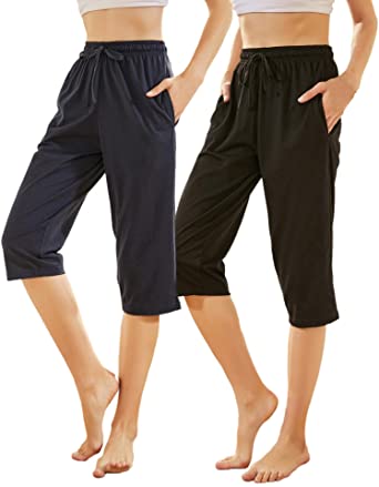 WEWINK CUKOO 100% Cotton Women Capri Pajama Pants, Soft Lounge Bottom with Pockets Sleepwear