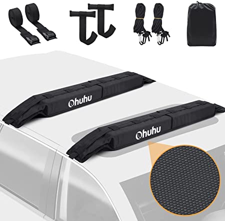 Kayak Roof Pads, Ohuhu Universal Car Soft Roof Rack Pads for Kayak Surfboard SUP Canoe, Include 2 Large 15FT Heavy Duty Down Straps, 2 Bow and Stern Tie Down, 2 Quick Loop Strap and Storage Bag