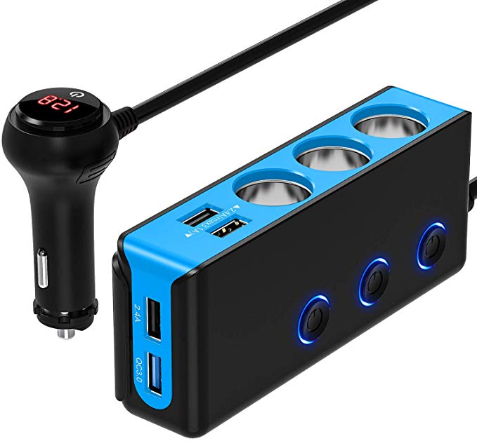 [Quick Charge 3.0] 3-Socket Cigarette Lighter Adapter, 120W 12V/24V Car Power DC Outlet Splitter with 8.5A 4 USB Charging Ports Car Charger (Blue)