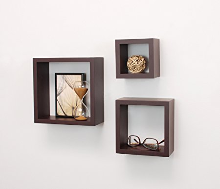 nexxt Cubbi Contemporary Floating Wall Shelves, 5 by 5 Inch , 7 by 7 Inch , 9 by 9 Inch , Espresso, Set of 3
