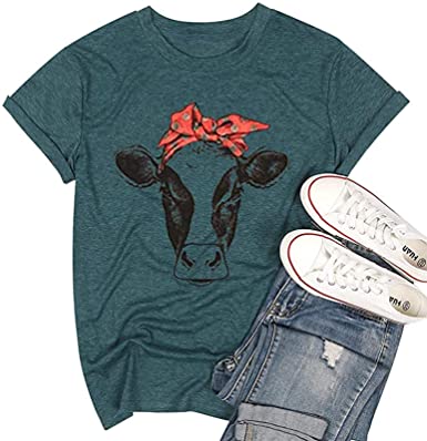 Cow Shirt Women Funny Cute Printed Graphic Tee Summer Loose Casual Short Sleeve Top