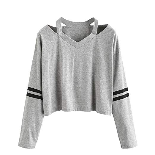 TLoowy™ Women Teen Girls Fashion Cutout Shoulder Striped Long Sleeve Sweatshirt Pullover Crop Top