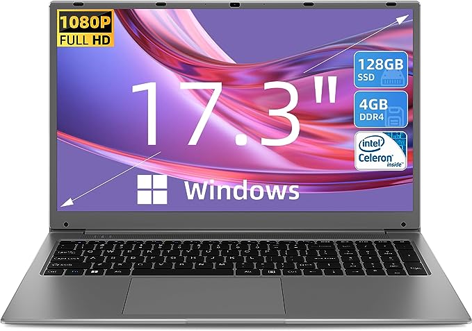 SGIN Laptop, 17 Inch 1920 * 1080 IPS Display, Windows 11 Home Laptops with 4GB RAM 128GB SSD Intel Celeron Quad Core Processor, Mini HDMI, Bluetooth, WiFi, 2*USB, 512GB Expansion