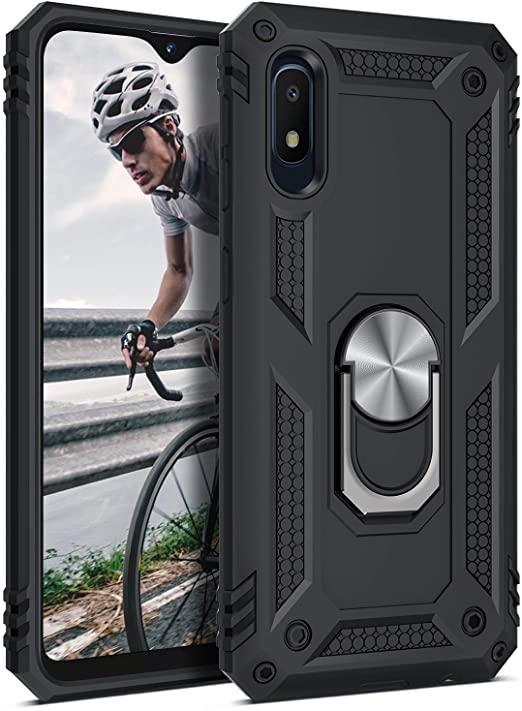 Galaxy A10e Case, DUEDUE Military Grade Ring Kickstand Shockproof Hard PC Back Cover with Car Mount Drop Protection Full Body Protective Case for Samsung A10e, Black