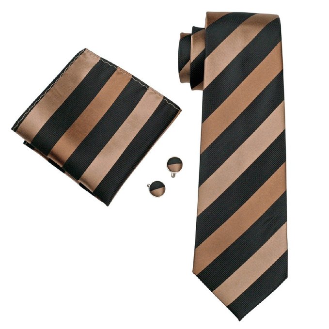 Hi-Tie Men's Classic Striped Necktie Set include Hanky Cufflinks