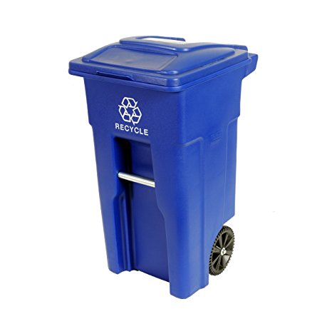 Toter 025532-R1BLU Residential Heavy Duty 2-Wheeled Recycling Can with Attached Lid, 32-Gallon, Blue