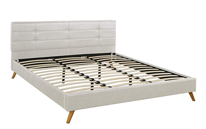 DIVANO ROMA FURNITURE Mid-Century Linen Platform Bed Frame with Pleated Headboard Design (King, Beige)